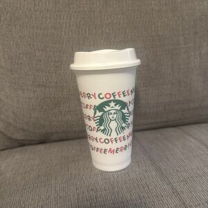 Starbucks Festive White Cup with Red and Green Text